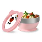 Mrs. Chou™ Suction Bowl and Spoon Set for Babies and Toddlers, Non-Slip Silicone Suction Cups, Advanced 304 Stainless Steel Bowls, Double-Layer Insulation, BPA-Free Lids, 350.0 grams,