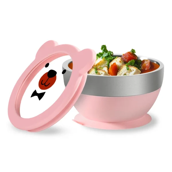 Mrs. Chou™ Suction Bowl and Spoon Set for Babies and Toddlers, Non-Slip Silicone Suction Cups, Advanced 304 Stainless Steel Bowls, Double-Layer Insulation, BPA-Free Lids, 350.0 grams,