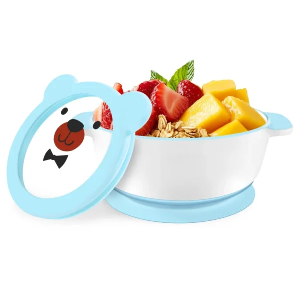 Mrs. Chou® Suction Bowl and Spoon Set for Babies and Toddlers w/Non-Slip Silicone Suction Cups, Advanced ceramic Bowls, Double-Layer Insulated w/BPA-Free Lids Food-Grade Safety Blue