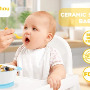 Mrs. Chou® Suction Bowl and Spoon Set for Babies and Toddlers w/Non-Slip Silicone Suction Cups, Advanced ceramic Bowls, Double-Layer Insulated w/BPA-Free Lids Food-Grade Safety Blue