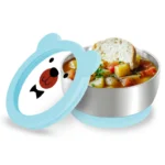 Mrs. Chou® Suction Bowl and Spoon Set for Babies and Toddlers w/Non-Slip Silicone Suction Cups, Advanced 304 Stainless Steel Bowls, Double-Layer Insulated w/BPA-Free Lids Food-Grade Safety Blue