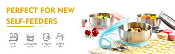 Mrs. Chou® Suction Bowl and Spoon Set for Babies and Toddlers w/Non-Slip Silicone Suction Cups, Advanced 304 Stainless Steel Bowls, Double-Layer Insulated w/BPA-Free Lids Food-Grade Safety Blue