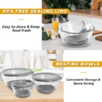 Mrs. Chou Glass Mixing Bowls Set of 3 with BPA-Free Airtight Lids, Large Nesting Bowls with Non-Slip Silicone Base, Ideal for Food Storage, Dishwasher & Microwave Safe, 2, 1, 0.5 QT Purple Blue Red