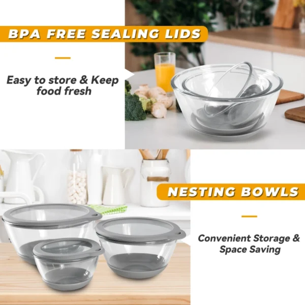 Mrs. Chou Glass Mixing Bowls Set of 3 with BPA-Free Airtight Lids, Large Nesting Bowls with Non-Slip Silicone Base, Ideal for Food Storage, Dishwasher & Microwave Safe, 2, 1, 0.5 QT Purple Blue Red