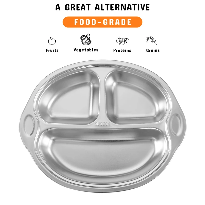 Mrs. Chou® BPA-Free 100% Food-Grade Stainless Steel Baby Plates with Suction Divided Designed for Babies and Toddlers, Ideal for Kids Infant Baby-Led Weaning Toddler Feeding Supplies Dishwasher Safe