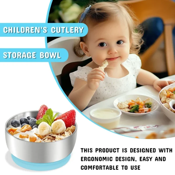 Mrs. Chou® Suction Bowl and Spoon Set for Babies and Toddlers w/Non-Slip Silicone Suction Cups, Advanced 304 Stainless Steel Bowls, Double-Layer Insulated w/BPA-Free Lids Food-Grade Safety Blue
