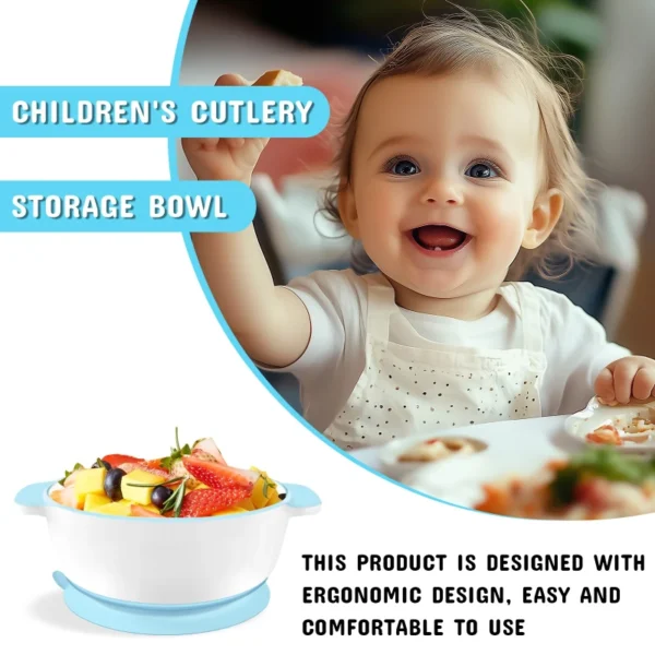 Mrs. Chou® Suction Bowl and Spoon Set for Babies and Toddlers w/Non-Slip Silicone Suction Cups, Advanced ceramic Bowls, Double-Layer Insulated w/BPA-Free Lids Food-Grade Safety Blue