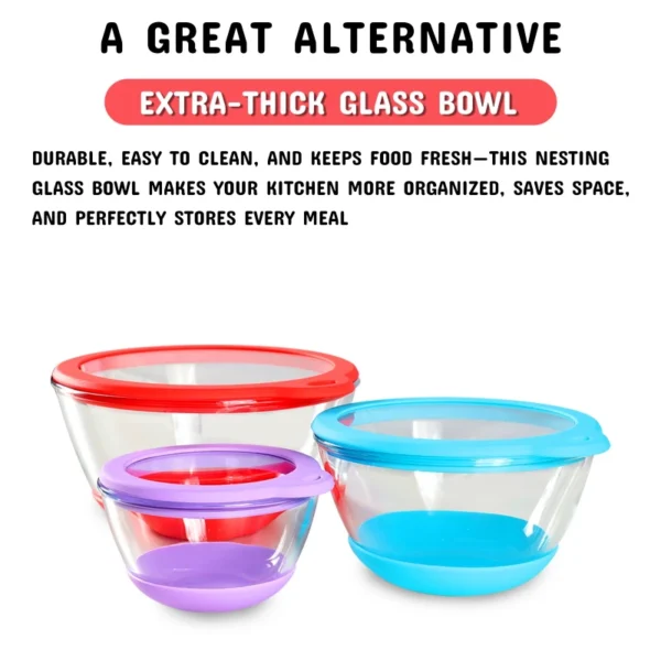 Mrs. Chou Glass Mixing Bowls Set of 3 with BPA-Free Airtight Lids, Large Nesting Bowls with Non-Slip Silicone Base, Ideal for Food Storage, Dishwasher & Microwave Safe, 2, 1, 0.5 QT Purple Blue Red