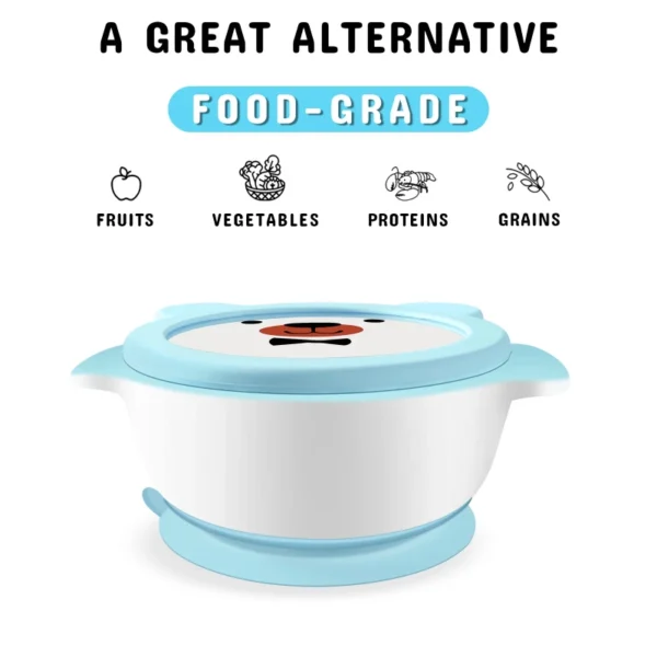 Mrs. Chou® Suction Bowl and Spoon Set for Babies and Toddlers w/Non-Slip Silicone Suction Cups, Advanced ceramic Bowls, Double-Layer Insulated w/BPA-Free Lids Food-Grade Safety Blue