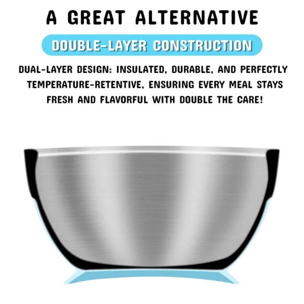 Mrs. Chou® Suction Bowl and Spoon Set for Babies and Toddlers w/Non-Slip Silicone Suction Cups, Advanced 304 Stainless Steel Bowls, Double-Layer Insulated w/BPA-Free Lids Food-Grade Safety Blue