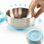 Mrs. Chou® Suction Bowl and Spoon Set for Babies and Toddlers w/Non-Slip Silicone Suction Cups, Advanced 304 Stainless Steel Bowls, Double-Layer Insulated w/BPA-Free Lids Food-Grade Safety Blue
