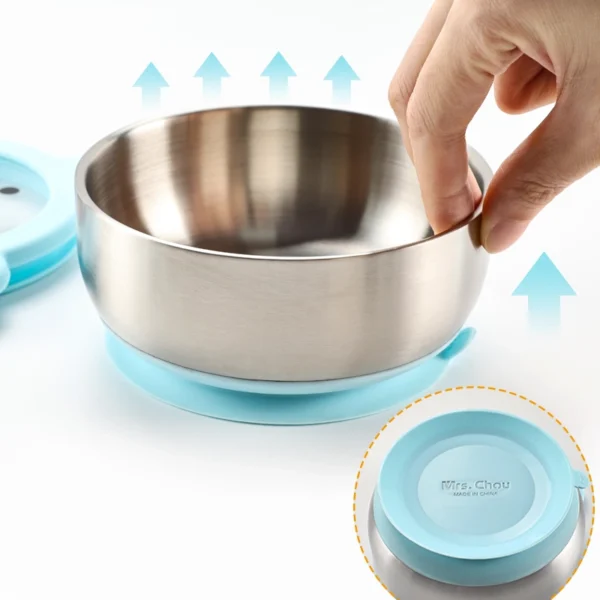 Mrs. Chou® Suction Bowl and Spoon Set for Babies and Toddlers w/Non-Slip Silicone Suction Cups, Advanced 304 Stainless Steel Bowls, Double-Layer Insulated w/BPA-Free Lids Food-Grade Safety Blue