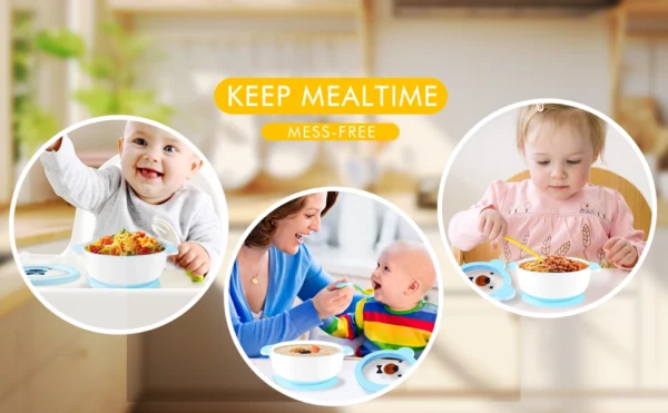 Mrs. Chou® Suction Bowl and Spoon Set for Babies and Toddlers w/Non-Slip Silicone Suction Cups, Advanced ceramic Bowls, Double-Layer Insulated w/BPA-Free Lids Food-Grade Safety Blue