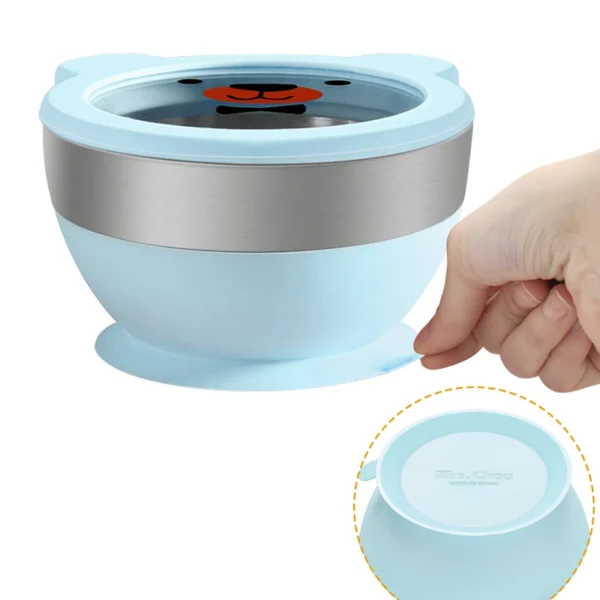 Mrs. Chou™ Suction Bowl and Spoon Set for Babies and Toddlers, Non-Slip Silicone Suction Cups, Advanced 304 Stainless Steel Bowls, Double-Layer Insulation, BPA-Free Lids, 350.0 grams,