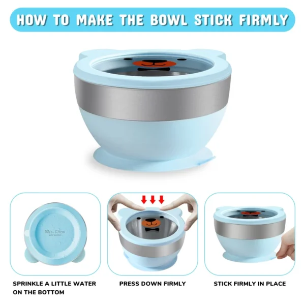 Mrs. Chou™ Suction Bowl and Spoon Set for Babies and Toddlers, Non-Slip Silicone Suction Cups, Advanced 304 Stainless Steel Bowls, Double-Layer Insulation, BPA-Free Lids, 350.0 grams,