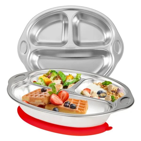 Mrs. Chou® BPA-Free 100% Food-Grade Stainless Steel Baby Plates with Suction Divided Designed for Babies and Toddlers, Ideal for Kids Infant Baby-Led Weaning Toddler Feeding Supplies Dishwasher Safe