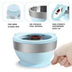Mrs. Chou® Suction Bowl and Spoon Set for Babies and Toddlers w/Non-Slip Silicone Suction Cups, Advanced 304 Stainless Steel Bowls, Double-Layer Insulated w/BPA-Free Lids Food-Grade Safety Blue