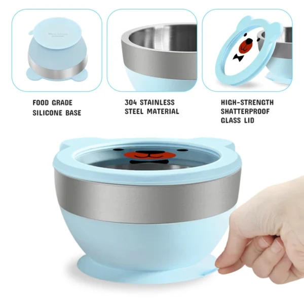 Mrs. Chou® Suction Bowl and Spoon Set for Babies and Toddlers w/Non-Slip Silicone Suction Cups, Advanced 304 Stainless Steel Bowls, Double-Layer Insulated w/BPA-Free Lids Food-Grade Safety Blue