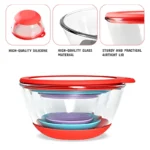 Mrs. Chou Glass Mixing Bowls Set of 3 with BPA-Free Airtight Lids, Large Nesting Bowls with Non-Slip Silicone Base, Ideal for Food Storage, Dishwasher & Microwave Safe, 2, 1, 0.5 QT Purple Blue Red