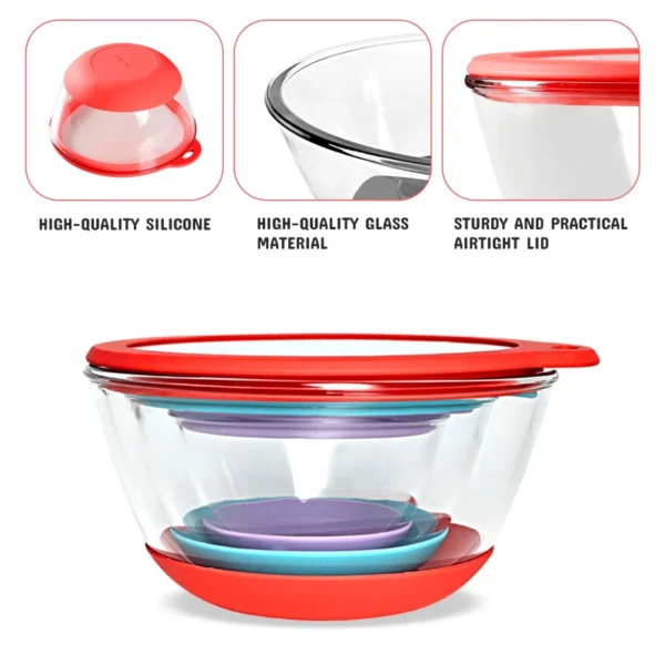 Mrs. Chou Glass Mixing Bowls Set of 3 with BPA-Free Airtight Lids, Large Nesting Bowls with Non-Slip Silicone Base, Ideal for Food Storage, Dishwasher & Microwave Safe, 2, 1, 0.5 QT Purple Blue Red