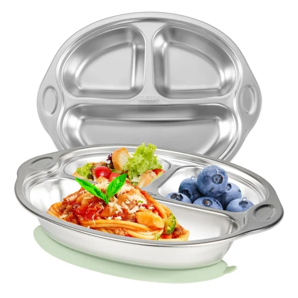 Mrs. Chou® BPA-Free 100% Food-Grade Stainless Steel Baby Plates with Suction Divided Designed for Babies and Toddlers, Ideal for Kids Infant Baby-Led Weaning Toddler Feeding Supplies Dishwasher Safe