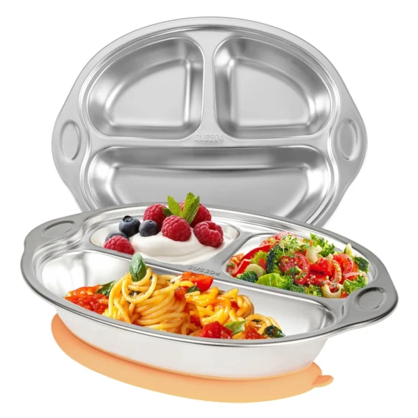 Mrs. Chou® BPA-Free 100% Food-Grade Stainless Steel Baby Plates with Suction Divided Designed for Babies and Toddlers, Ideal for Kids Infant Baby-Led Weaning Toddler Feeding Supplies Dishwasher Safe
