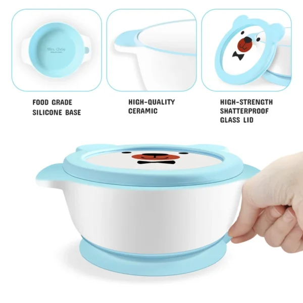 Mrs. Chou® Suction Bowl and Spoon Set for Babies and Toddlers w/Non-Slip Silicone Suction Cups, Advanced ceramic Bowls, Double-Layer Insulated w/BPA-Free Lids Food-Grade Safety Blue