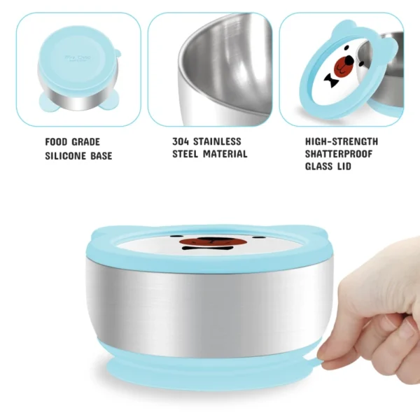 Mrs. Chou® Suction Bowl and Spoon Set for Babies and Toddlers w/Non-Slip Silicone Suction Cups, Advanced 304 Stainless Steel Bowls, Double-Layer Insulated w/BPA-Free Lids Food-Grade Safety Blue