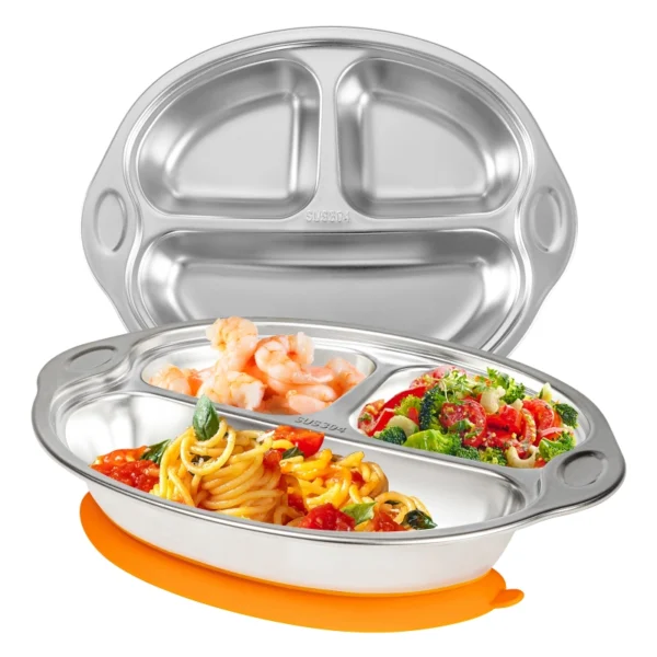 Mrs. Chou® BPA-Free 100% Food-Grade Stainless Steel Baby Plates with Suction Divided Designed for Babies and Toddlers, Ideal for Kids Infant Baby-Led Weaning Toddler Feeding Supplies Dishwasher Safe