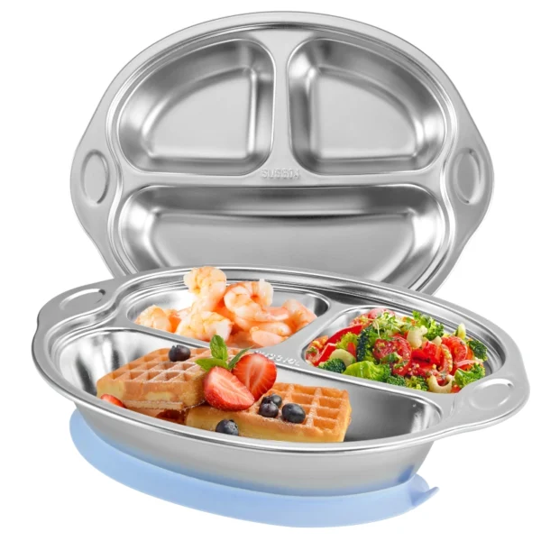 Mrs. Chou® BPA-Free 100% Food-Grade Stainless Steel Baby Plates with Suction Divided Designed for Babies and Toddlers, Ideal for Kids Infant Baby-Led Weaning Toddler Feeding Supplies Dishwasher Safe