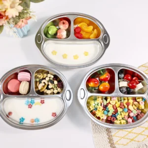Mrs. Chou® BPA-Free 100% Food-Grade Stainless Steel Baby Plates with Suction Divided Designed for Babies and Toddlers, Ideal for Kids Infant Baby-Led Weaning Toddler Feeding Supplies Dishwasher Safe