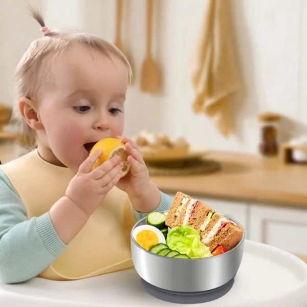 Mrs. Chou® Suction Bowl and Spoon Set for Babies and Toddlers w/Non-Slip Silicone Suction Cups, Advanced 304 Stainless Steel Bowls, Double-Layer Insulated w/BPA-Free Lids Food-Grade Safety Blue