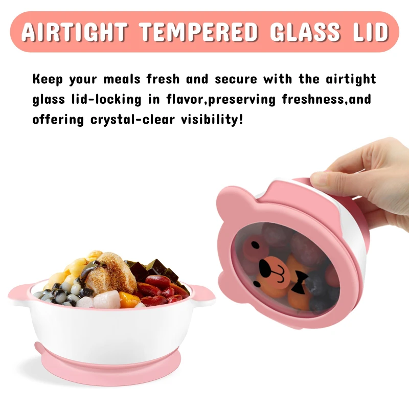 Mrs. Chou™ Suction Bowl and Spoon Set for Babies and Toddlers, Non-Slip Silicone Suction Cups, Advanced ceramic Bowls, Double-Layer Insulation, BPA-Free Lids, 350.0 grams,