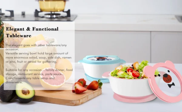 Mrs. Chou® Suction Bowl and Spoon Set for Babies and Toddlers w/Non-Slip Silicone Suction Cups, Advanced ceramic Bowls, Double-Layer Insulated w/BPA-Free Lids Food-Grade Safety Blue