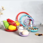 Mrs. Chou Glass Mixing Bowls Set of 3 with BPA-Free Airtight Lids, Large Nesting Bowls with Non-Slip Silicone Base, Ideal for Food Storage, Dishwasher & Microwave Safe, 2, 1, 0.5 QT Purple Blue Red