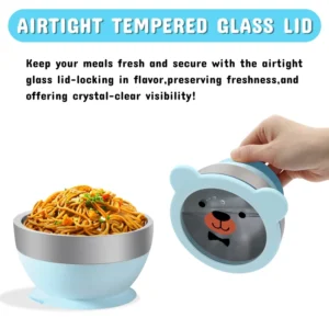 Mrs. Chou™ Suction Bowl and Spoon Set for Babies and Toddlers, Non-Slip Silicone Suction Cups, Advanced 304 Stainless Steel Bowls, Double-Layer Insulation, BPA-Free Lids, 350.0 grams,