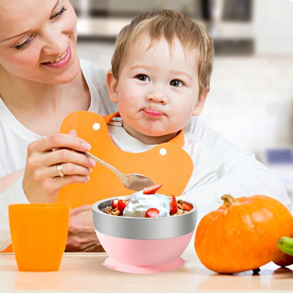 Mrs. Chou™ Suction Bowl and Spoon Set for Babies and Toddlers, Non-Slip Silicone Suction Cups, Advanced 304 Stainless Steel Bowls, Double-Layer Insulation, BPA-Free Lids, 350.0 grams,