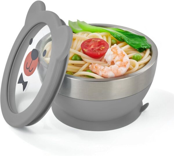 Mrs. Chou™ Suction Bowl and Spoon Set for Babies and Toddlers, Non-Slip Silicone Suction Cups, Advanced 304 Stainless Steel Bowls, Double-Layer Insulation, BPA-Free Lids, 350.0 grams,