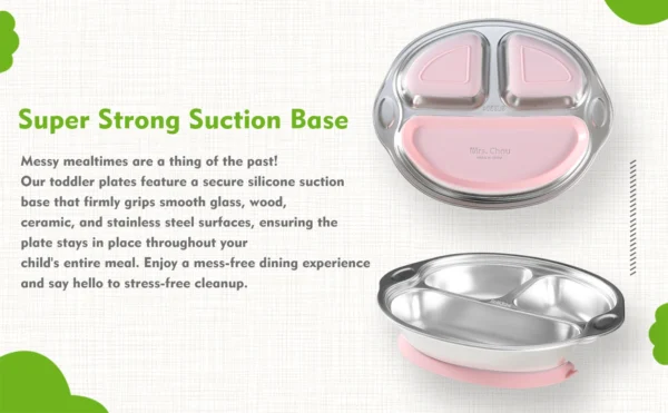 Mrs. Chou® BPA-Free 100% Food-Grade Stainless Steel Baby Plates with Suction Divided Designed for Babies and Toddlers, Ideal for Kids Infant Baby-Led Weaning Toddler Feeding Supplies Dishwasher Safe
