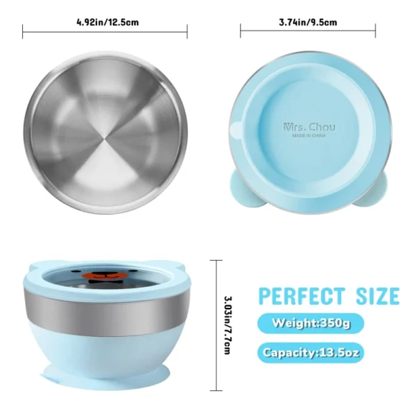 Mrs. Chou™ Suction Bowl and Spoon Set for Babies and Toddlers, Non-Slip Silicone Suction Cups, Advanced 304 Stainless Steel Bowls, Double-Layer Insulation, BPA-Free Lids, 350.0 grams,