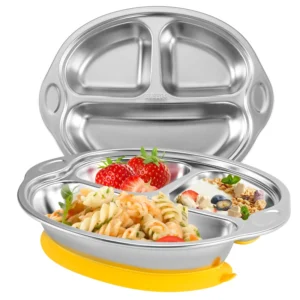 Mrs. Chou® BPA-Free 100% Food-Grade Stainless Steel Baby Plates with Suction Divided Designed for Babies and Toddlers, Ideal for Kids Infant Baby-Led Weaning Toddler Feeding Supplies Dishwasher Safe