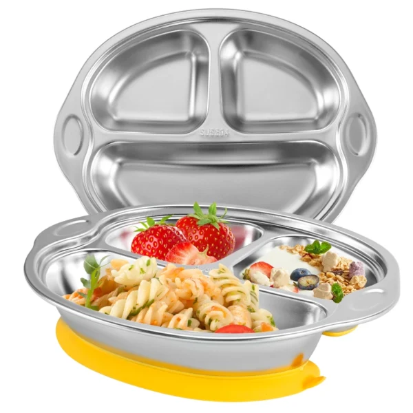 Mrs. Chou® BPA-Free 100% Food-Grade Stainless Steel Baby Plates with Suction Divided Designed for Babies and Toddlers, Ideal for Kids Infant Baby-Led Weaning Toddler Feeding Supplies Dishwasher Safe