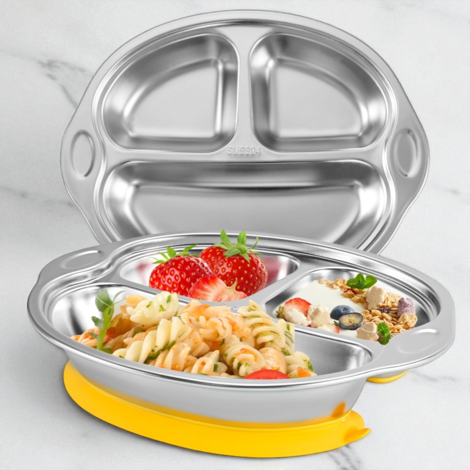 Mrs. Chou® BPA-Free 100% Food-Grade Stainless Steel Baby Plates with Suction Divided Designed for Babies and Toddlers, Ideal for Kids Infant Baby-Led Weaning Toddler Feeding Supplies Dishwasher Safe
