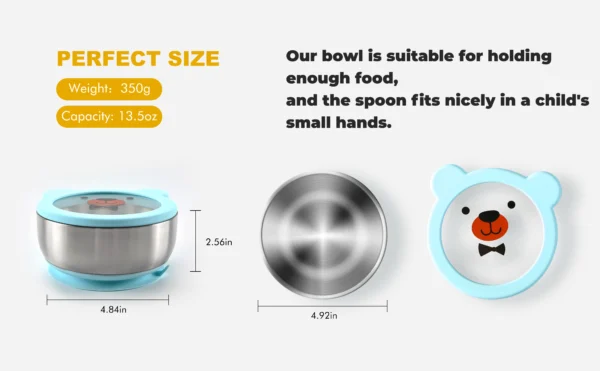 Mrs. Chou® Suction Bowl and Spoon Set for Babies and Toddlers w/Non-Slip Silicone Suction Cups, Advanced 304 Stainless Steel Bowls, Double-Layer Insulated w/BPA-Free Lids Food-Grade Safety Blue