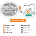 Mrs. Chou® BPA-Free 100% Food-Grade Stainless Steel Baby Plates with Suction Divided Designed for Babies and Toddlers, Ideal for Kids Infant Baby-Led Weaning Toddler Feeding Supplies Dishwasher Safe