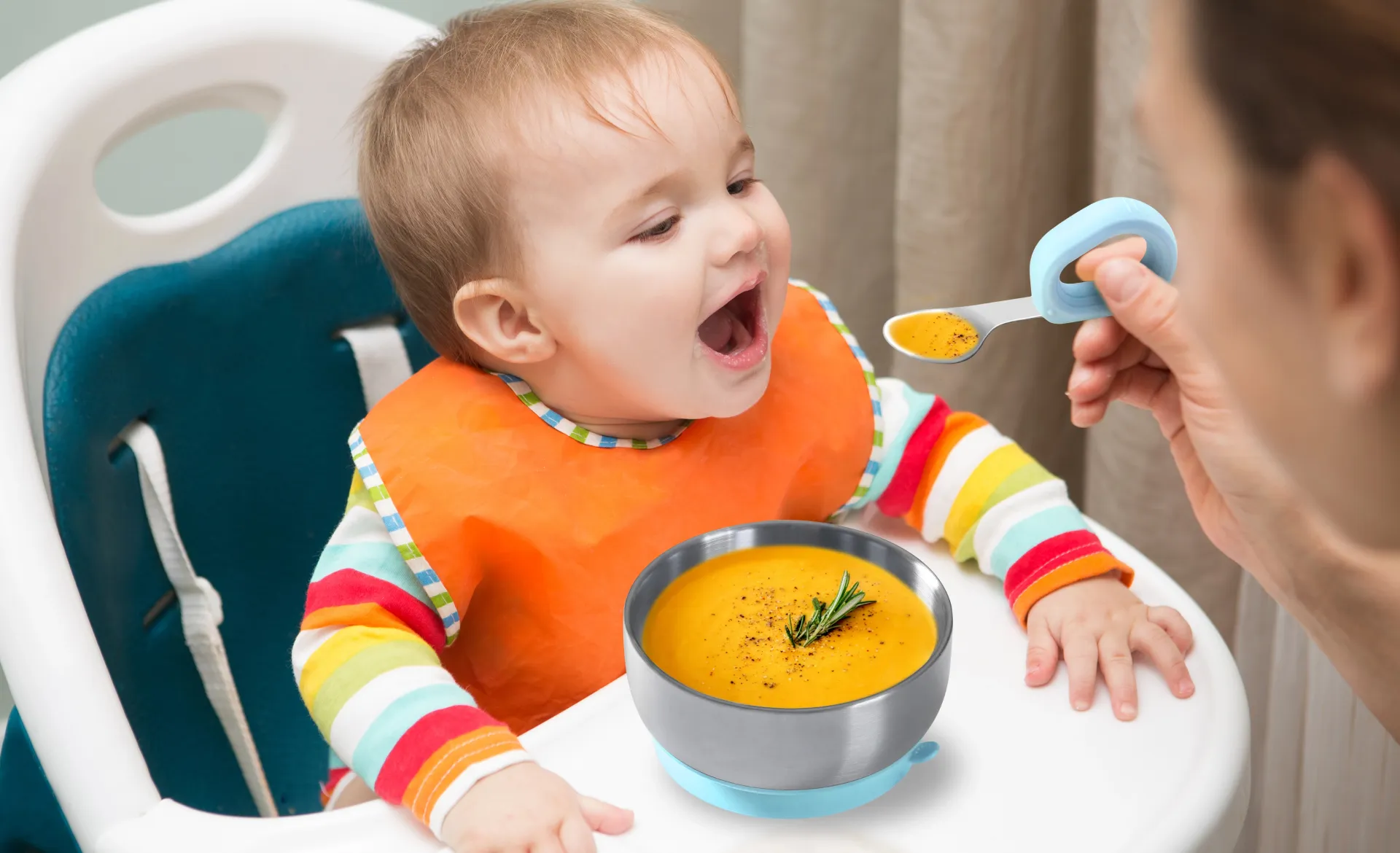 Mrs. Chou® Suction Bowl and Spoon Set for Babies and Toddlers w/Non-Slip Silicone Suction Cups, Advanced 304 Stainless Steel Bowls, Double-Layer Insulated w/BPA-Free Lids Food-Grade Safety Blue