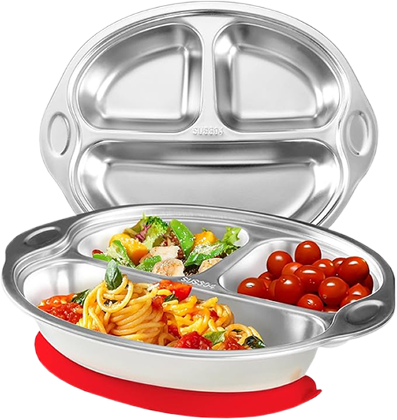 Mrs. Chou® BPA-Free 100% Food-Grade Stainless Steel Baby Plates with Suction Divided Designed for Babies and Toddlers, Ideal for Kids Infant Baby-Led Weaning Toddler Feeding Supplies Dishwasher Safe