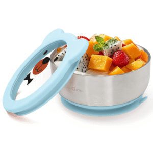 Mrs. Chou® Suction Bowl and Spoon Set for Babies and Toddlers w/Non-Slip Silicone Suction Cups, Advanced 304 Stainless Steel Bowls, Double-Layer Insulated w/BPA-Free Lids Food-Grade Safety Blue