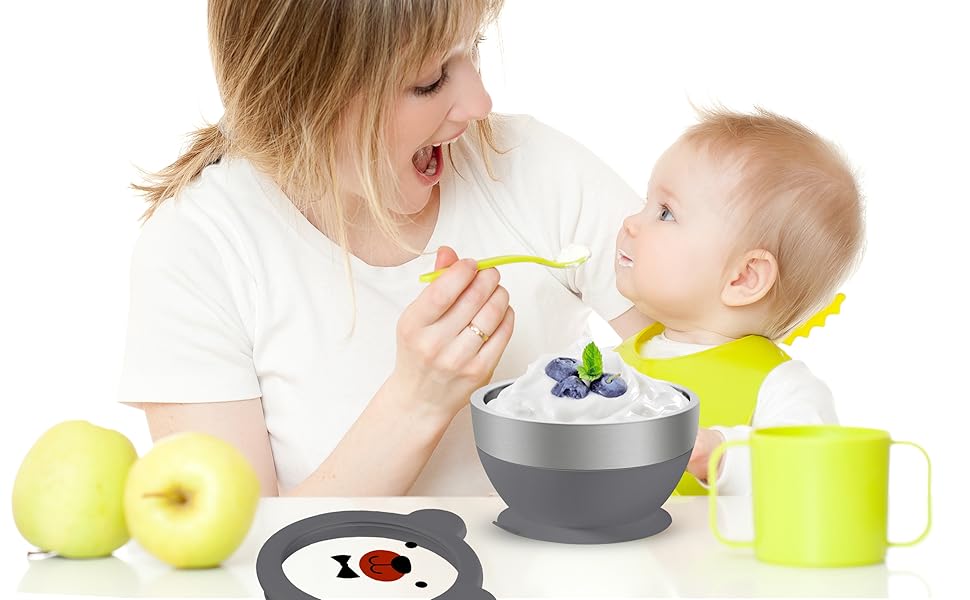 Mrs. Chou™ Suction Bowl and Spoon Set for Babies and Toddlers, Non-Slip Silicone Suction Cups, Advanced 304 Stainless Steel Bowls, Double-Layer Insulation, BPA-Free Lids, 350.0 grams,