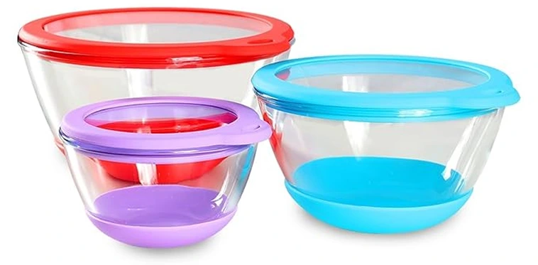 Mrs. Chou Glass Mixing Bowls Set of 3 with BPA-Free Airtight Lids, Large Nesting Bowls with Non-Slip Silicone Base, Ideal for Food Storage, Dishwasher & Microwave Safe, 2, 1, 0.5 QT Purple Blue Red